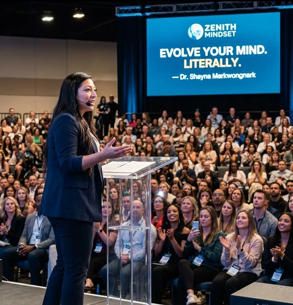 Dr. Shayna Markwongnark speaking on stage to a packed audience at a Zenith Mindset live event